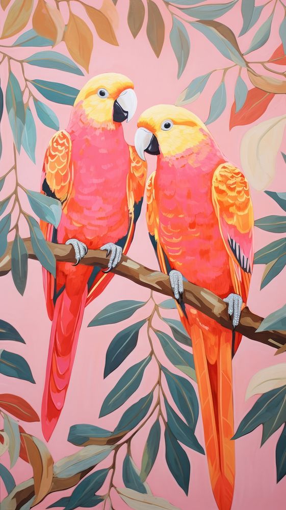 Gold pink silver tropical parrots jungle painting animal nature. 