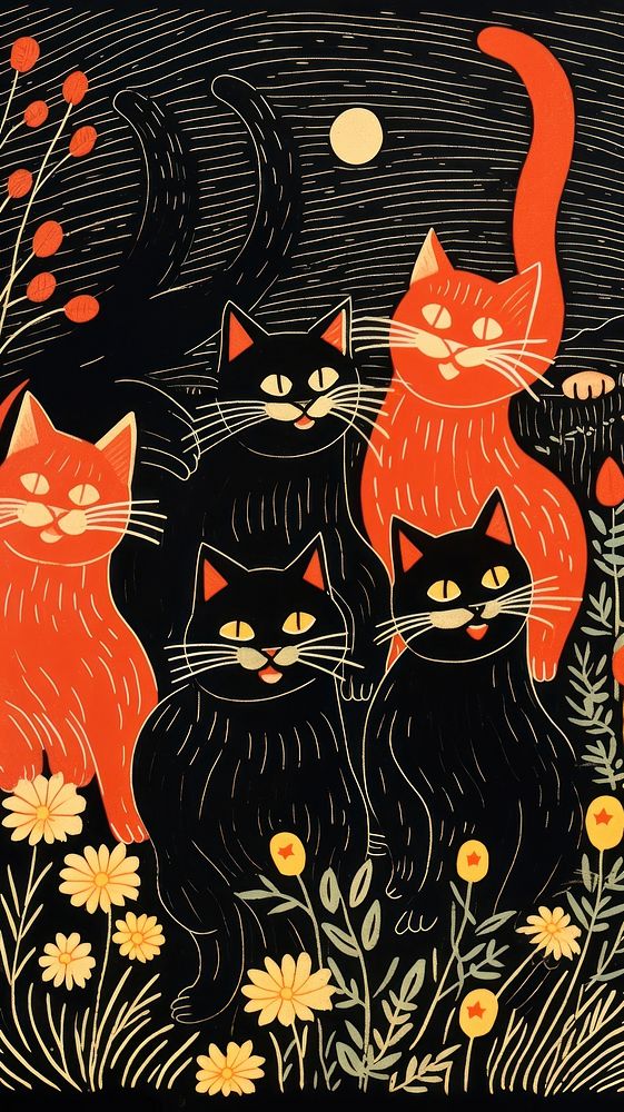 Group of cats dancing pattern drawing animal. AI generated Image by rawpixel.