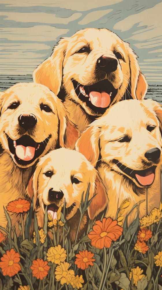 Group of golden retriever puppies animal mammal nature. AI generated Image by rawpixel.