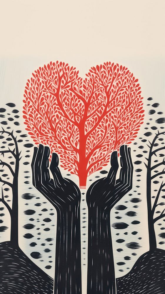 Hands holding hearts drawing nature sketch. AI generated Image by rawpixel.