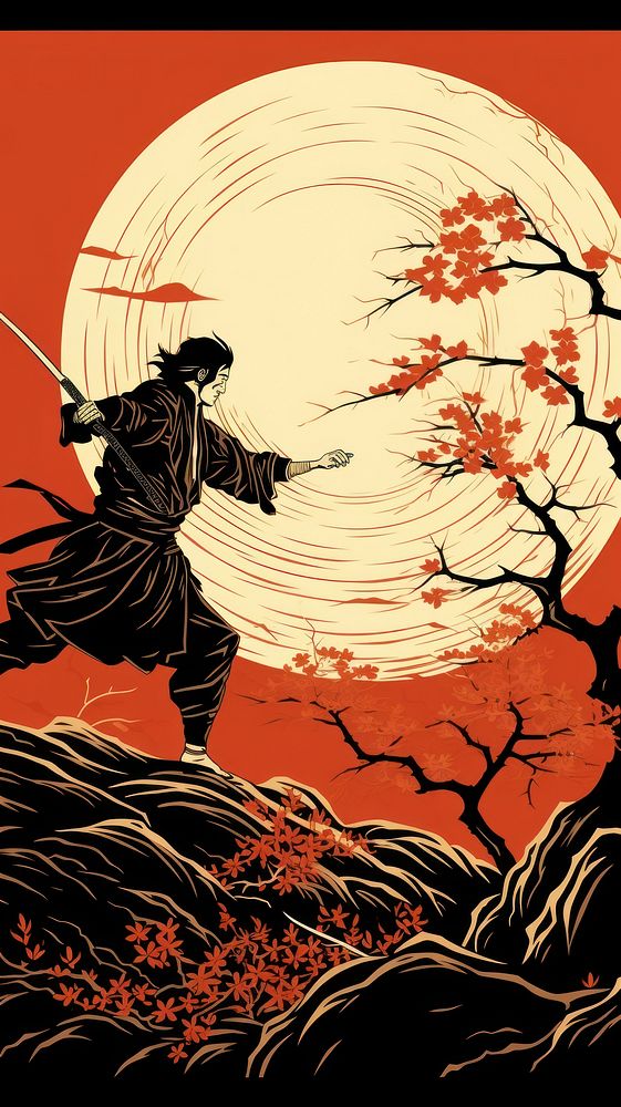 Japnese samurai fight silhouette creativity outdoors. AI generated Image by rawpixel.