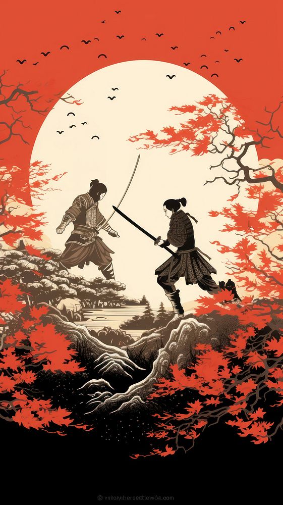 Japnese samurai fight nature comics adult. AI generated Image by rawpixel.
