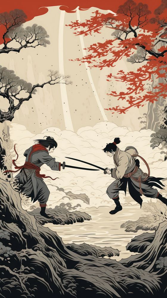 Japnese samurai fight comics nature sword. AI generated Image by rawpixel.