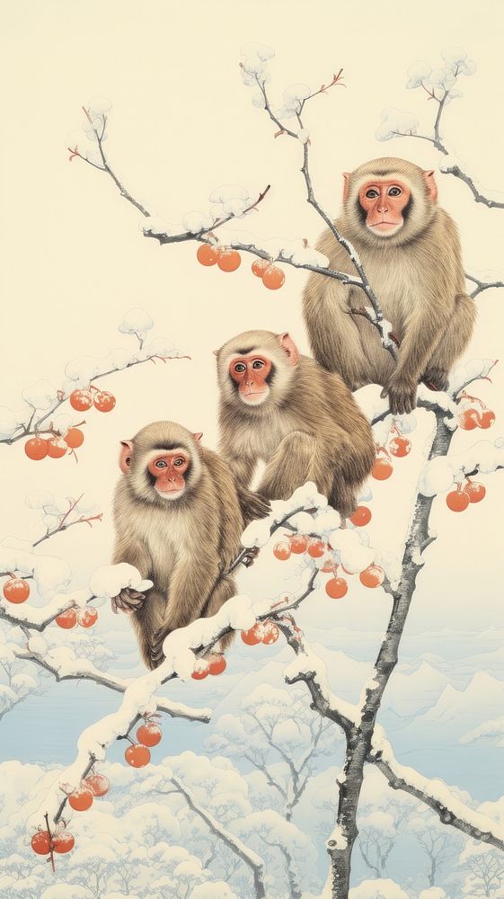 Japanese monkeys winter wildlife drawing animal. AI generated Image by rawpixel.