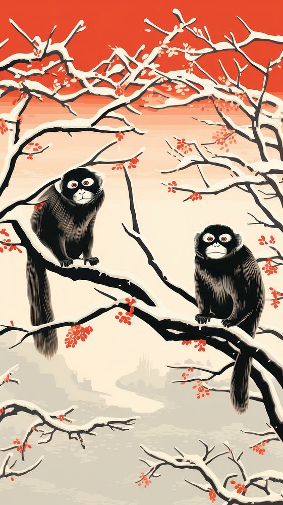 Japanese monkeys winter wildlife drawing nature. AI generated Image by rawpixel.