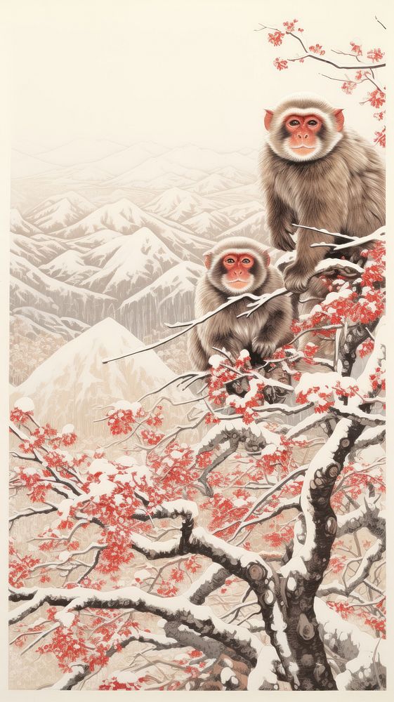 Japanese monkeys winter nature outdoors drawing. AI generated Image by rawpixel.