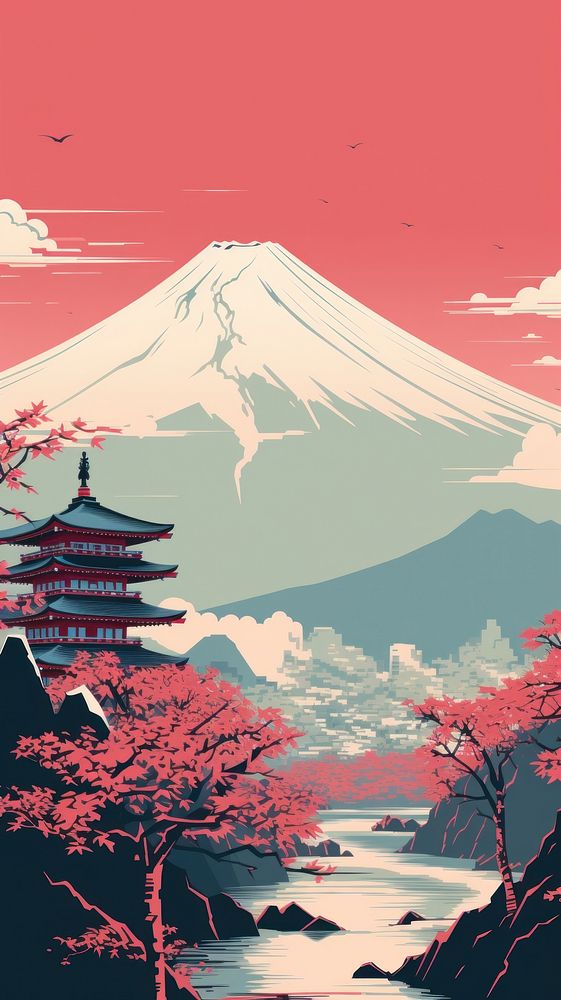 Japanese temple fuji nature landscape mountain. AI generated Image by rawpixel.