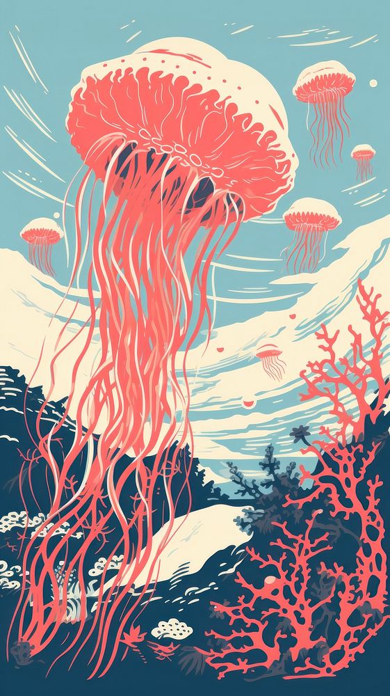 Jelly fish coral jellyfish drawing nature. AI generated Image by rawpixel.