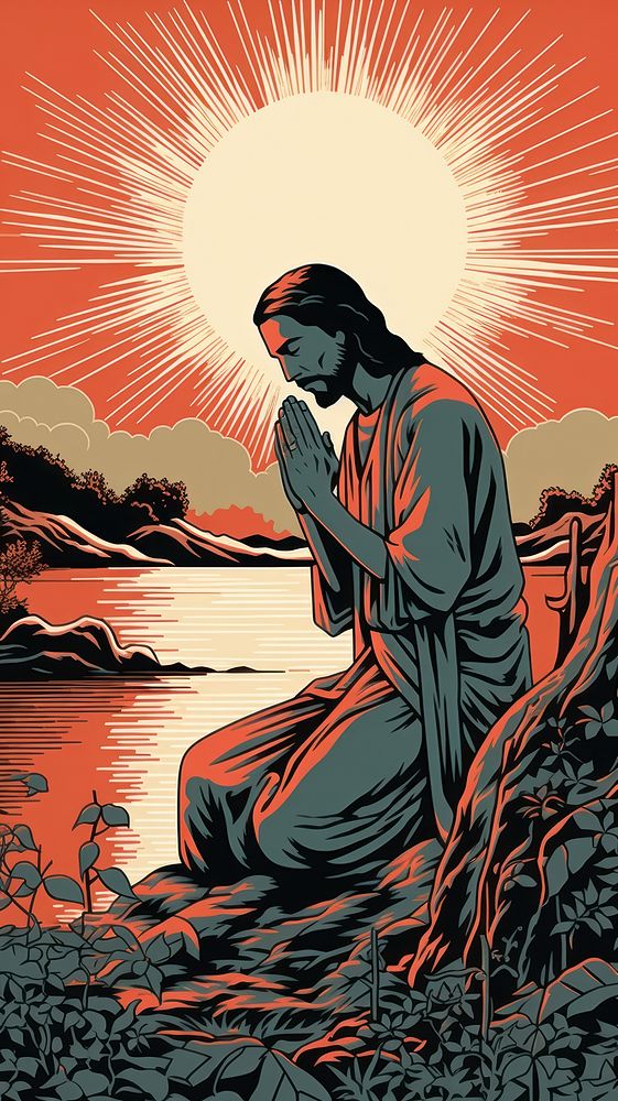 Jesus praying outdoors nature adult. AI generated Image by rawpixel.