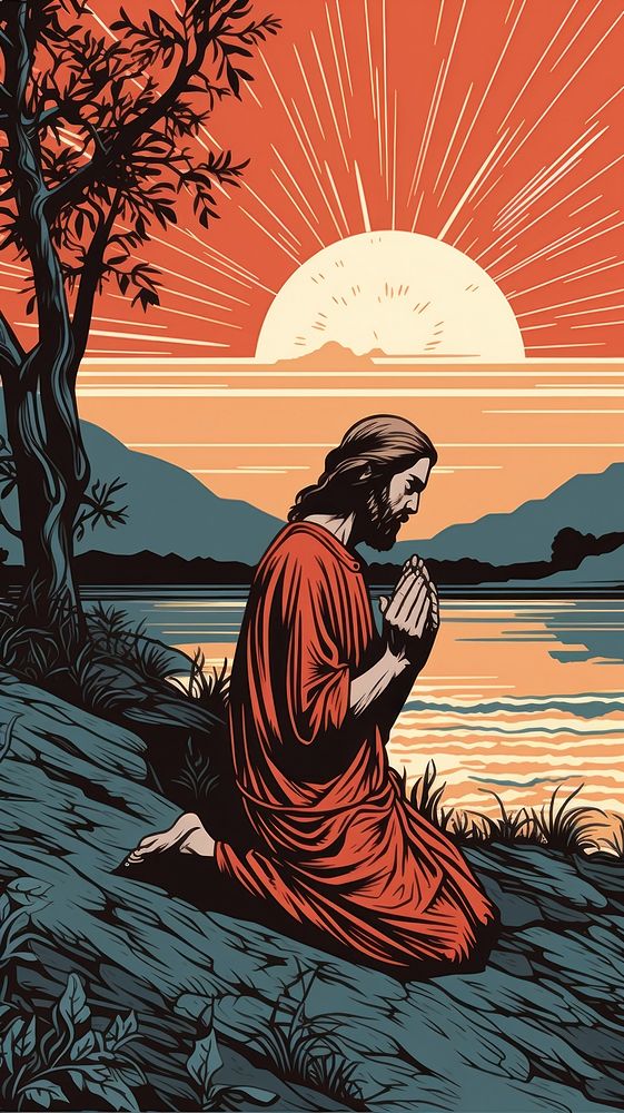 Jesus praying drawing nature adult. AI generated Image by rawpixel.