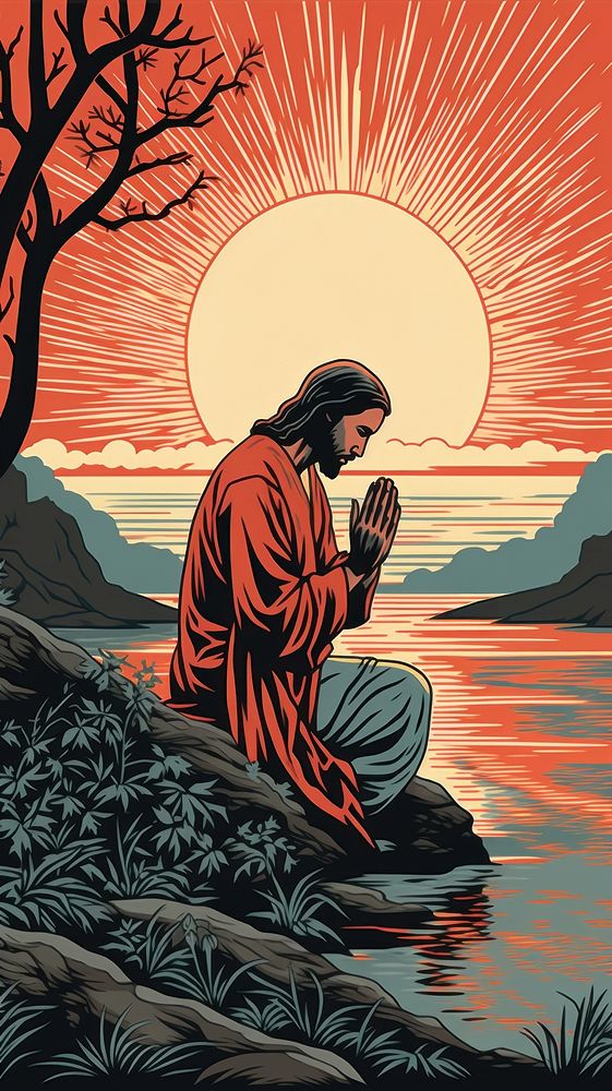 Jesus praying outdoors drawing nature. AI generated Image by rawpixel.