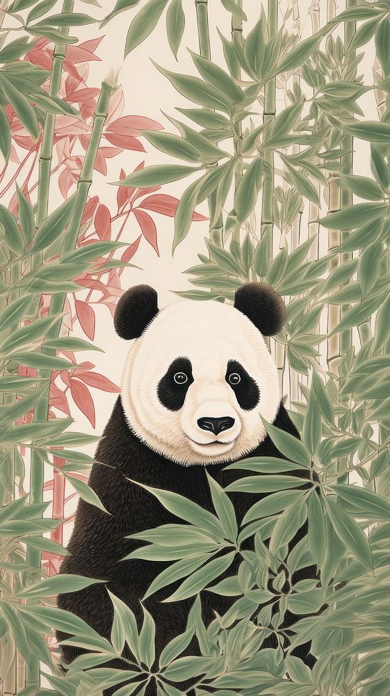 Panda and bamboo forrest drawing mammal nature. AI generated Image by rawpixel.