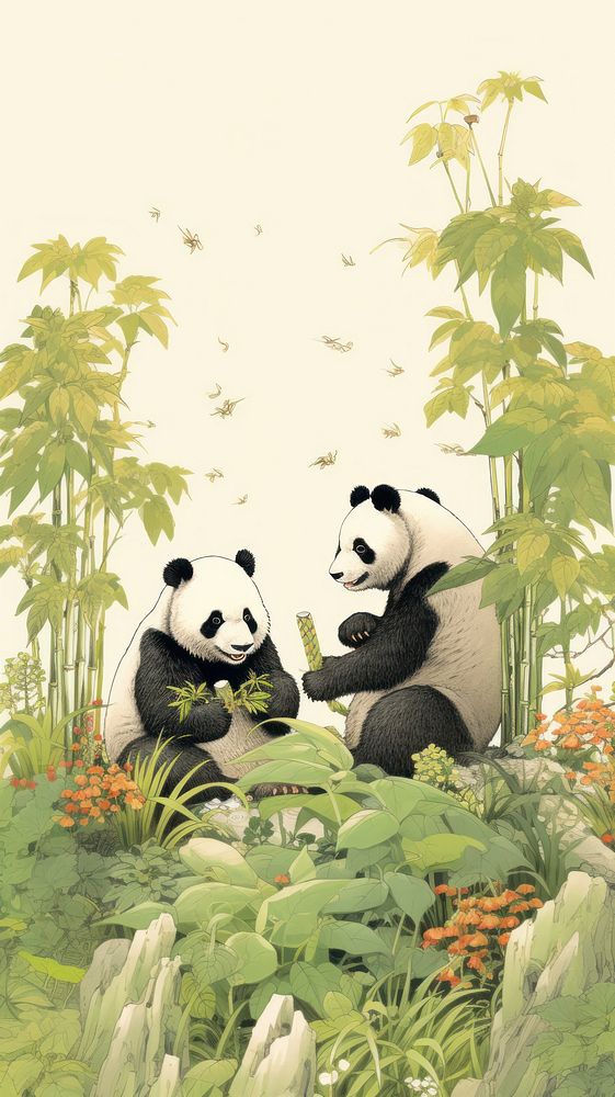 Pandas eatng bamboo picnic nature wildlife outdoors. AI generated Image by rawpixel.