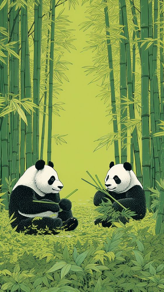 Pandas eatng bamboo picnic nature outdoors plant. AI generated Image by rawpixel.