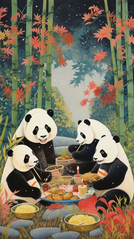 Pandas eatng bamboo picnic mammal nature bear. AI generated Image by rawpixel.