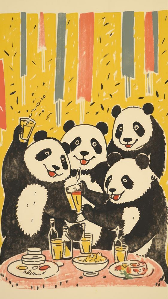 Pandas having a party drawing painting mammal. AI generated Image by rawpixel.
