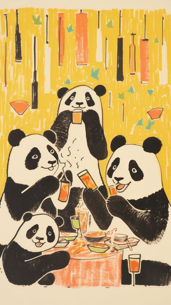 Pandas having a party painting drawing mammal. AI generated Image by rawpixel.