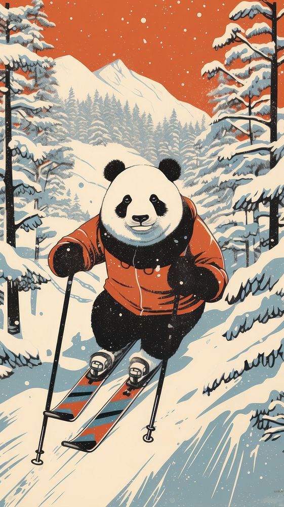 Pandas skiing nature outdoors sports. AI generated Image by rawpixel.