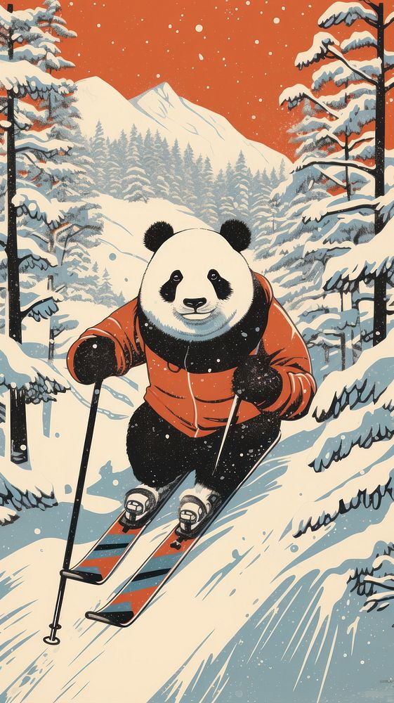 Pandas skiing nature outdoors sports. AI generated Image by rawpixel.