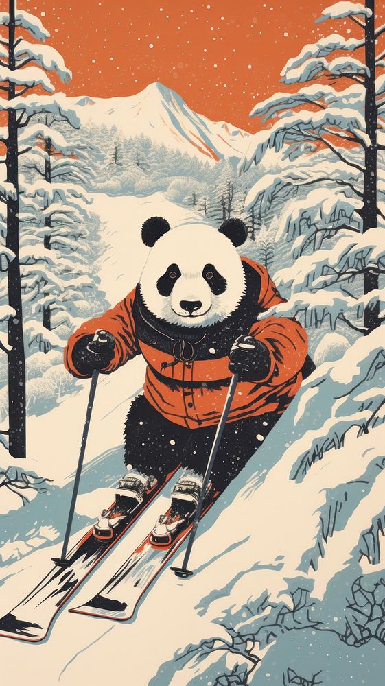 Pandas skiing nature outdoors drawing. AI generated Image by rawpixel.