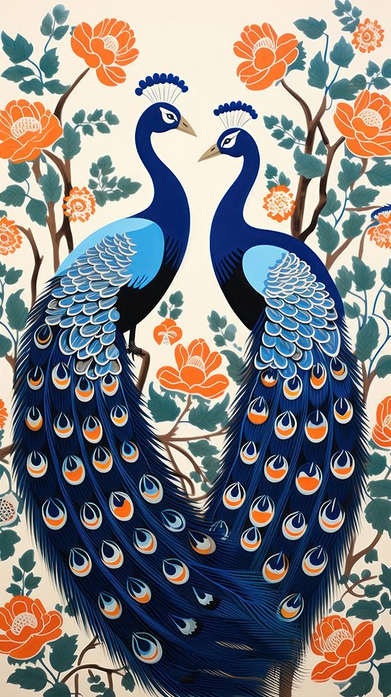 Peacocks nature bird art. AI generated Image by rawpixel.