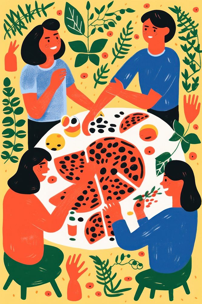 People eating pizza drawing nature adult. AI generated Image by rawpixel.