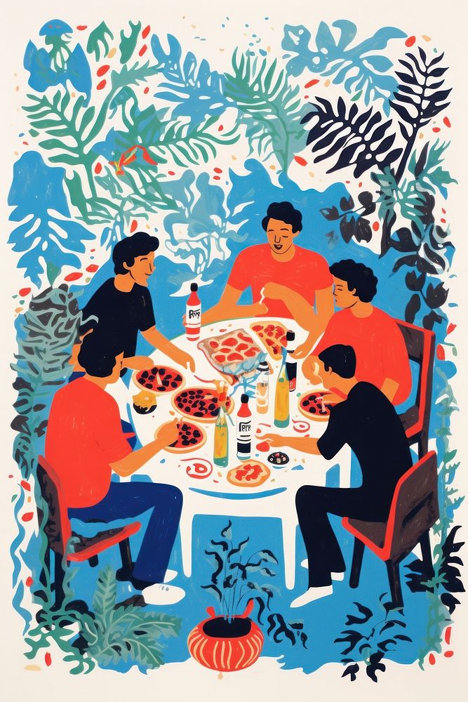 People eating pizza painting drawing food. AI generated Image by rawpixel.