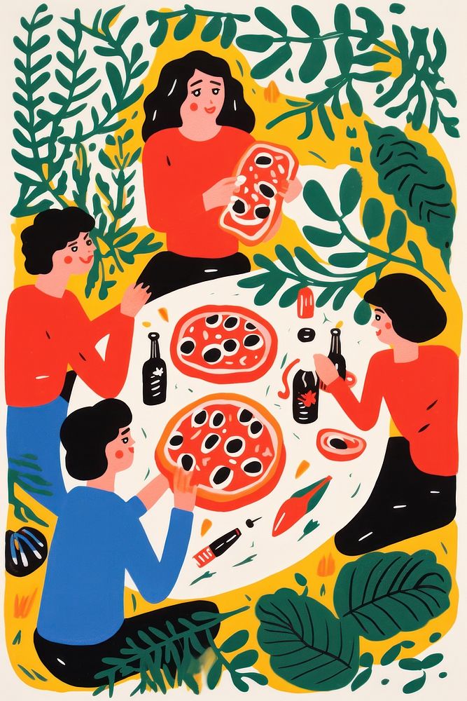 People eating pizza drawing nature togetherness. 