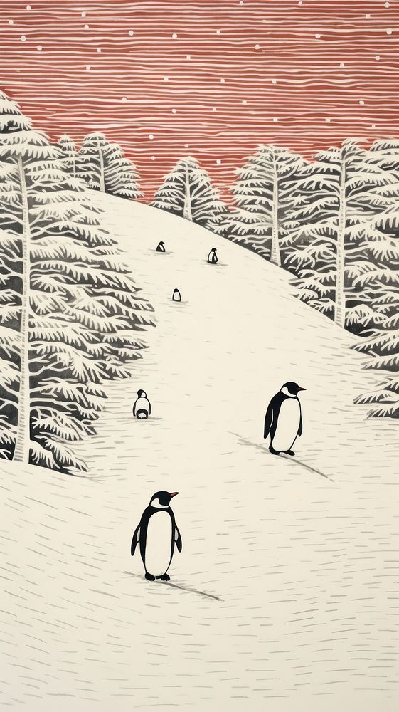 Penguins skiing drawing nature animal. AI generated Image by rawpixel.