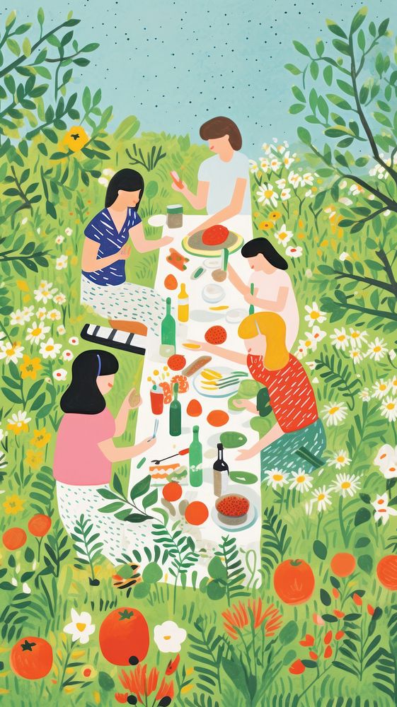 Pic nic party happiness painting outdoors. AI generated Image by rawpixel.