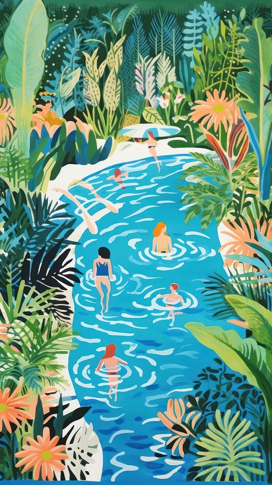 Pool party nature painting swimming. AI generated Image by rawpixel.
