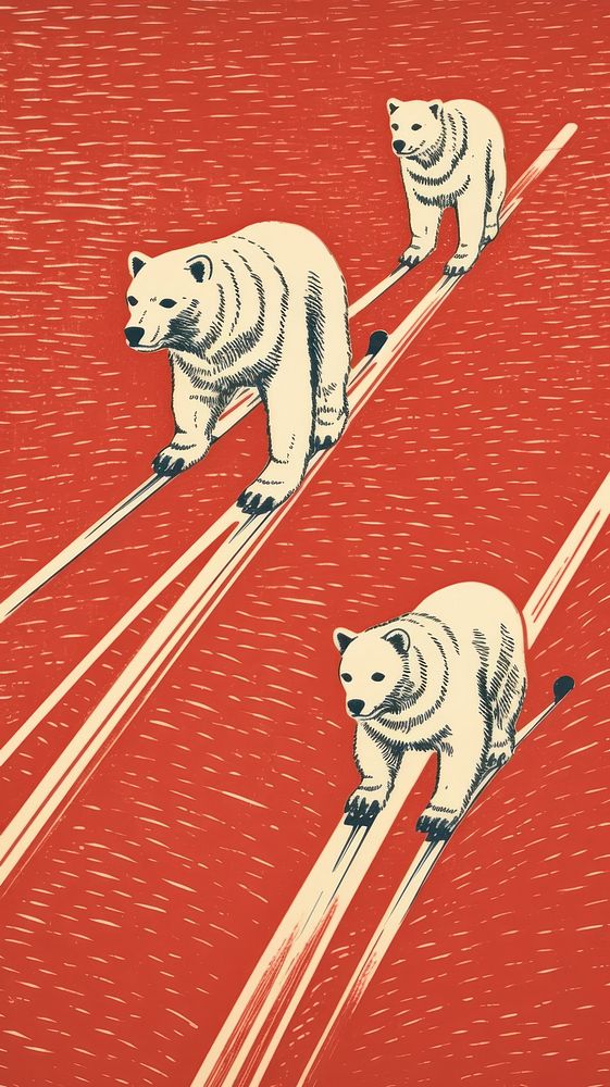 Polar bears skiing drawing mammal animal. AI generated Image by rawpixel.