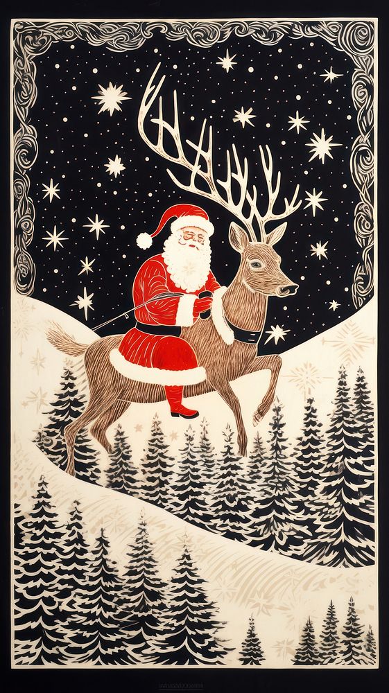 Santa clause riding reindeer at night drawing nature animal. 