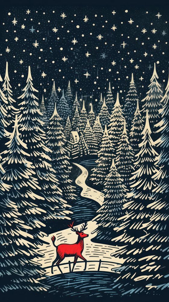 Santa clause riding reindeer at night christmas drawing nature. AI generated Image by rawpixel.