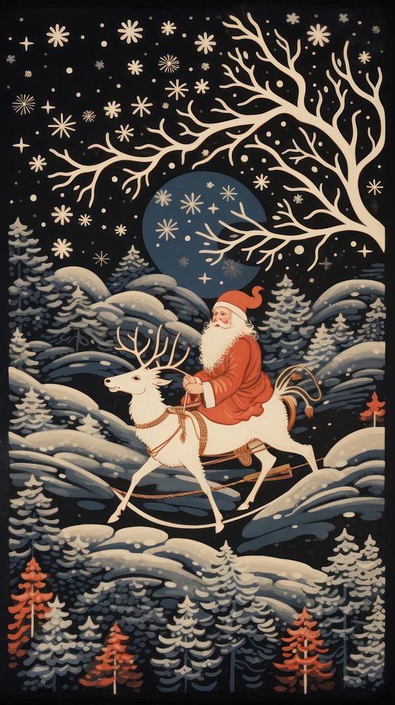 Santa clause riding reindeer at night nature christmas drawing. 