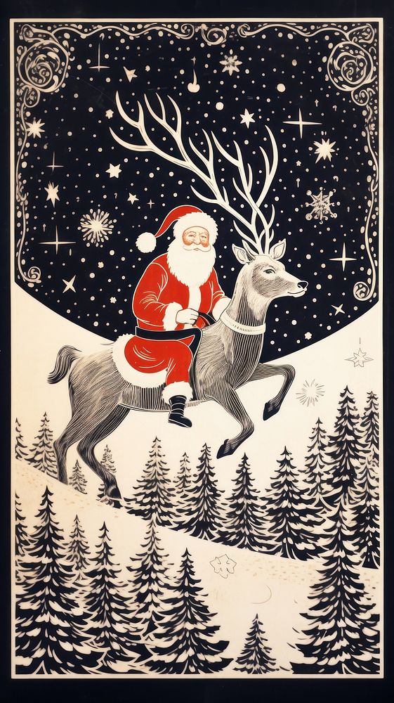 Santa clause riding reindeer at night christmas drawing nature. 