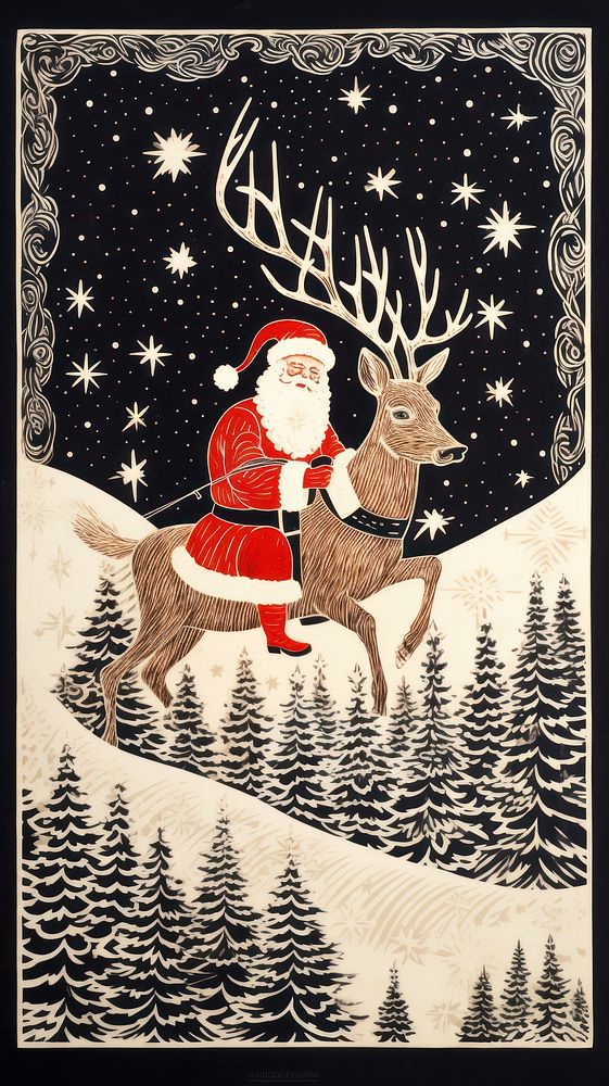 Santa clause riding reindeer at night drawing nature animal. AI generated Image by rawpixel.