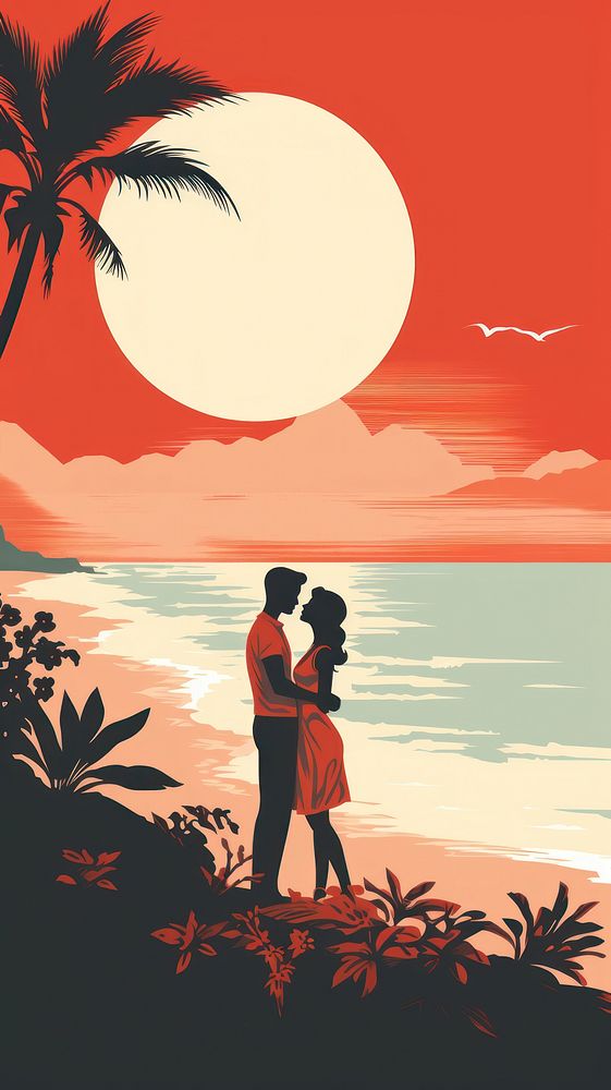 Tropical beach romance couple kissing nature outdoors togetherness. AI generated Image by rawpixel.