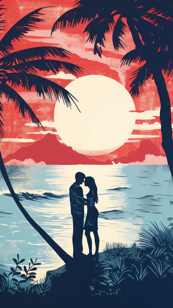 Tropical beach romance couple kissing nature silhouette outdoors. AI generated Image by rawpixel.