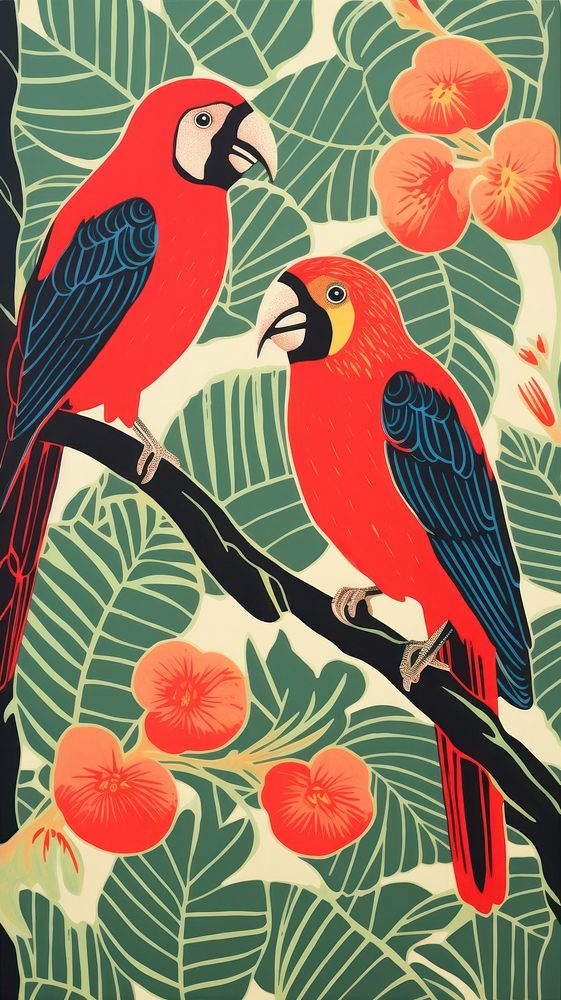 Tropical birds in forrest animal nature art. AI generated Image by rawpixel.
