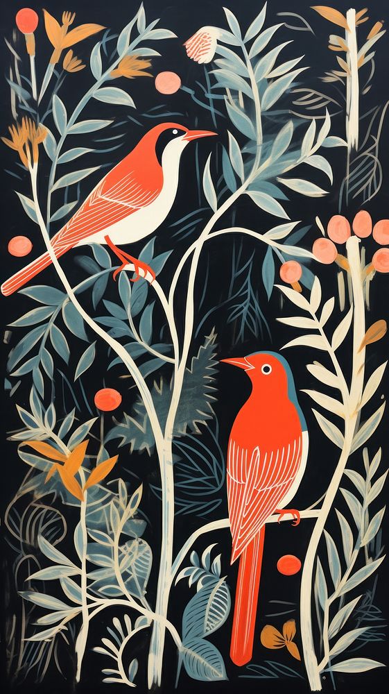 Tropical birds in forrest painting pattern drawing. AI generated Image by rawpixel.