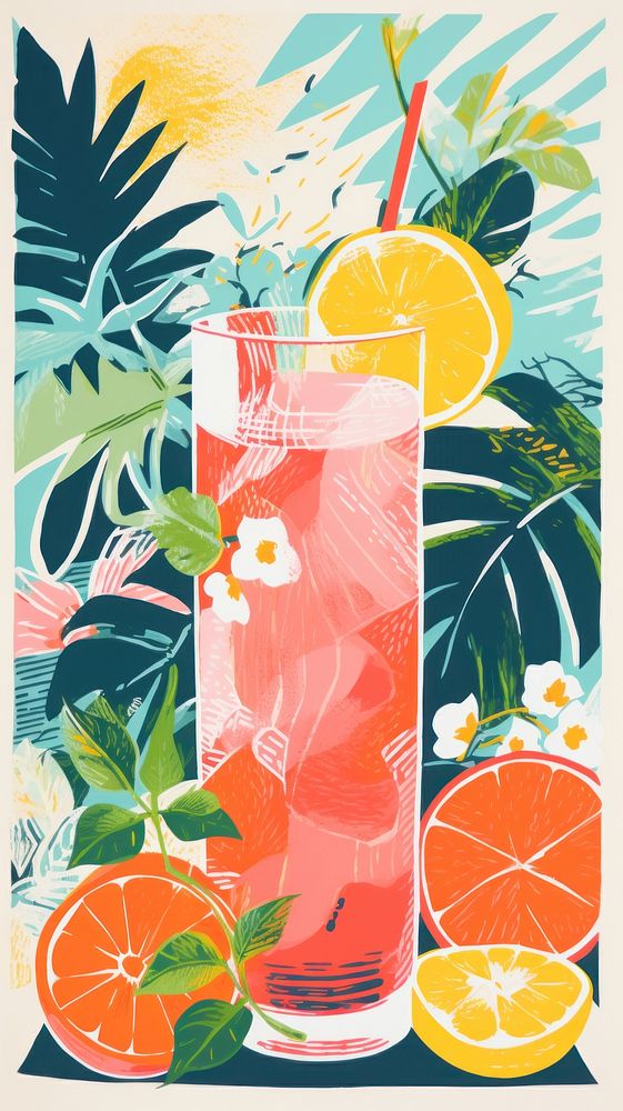 Tropical coctails cocktail drawing fruit. AI generated Image by rawpixel.