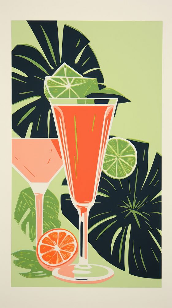 Tropical coctails cocktail drawing drink. AI generated Image by rawpixel.