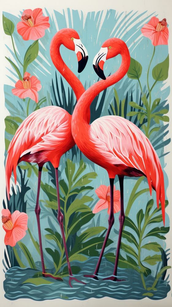 Tropical flamingoes drawing animal nature. 