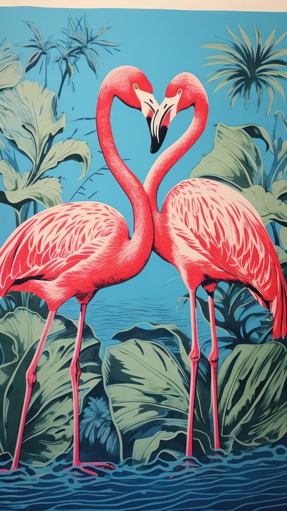 Tropical flamingoes drawing animal nature. AI generated Image by rawpixel.