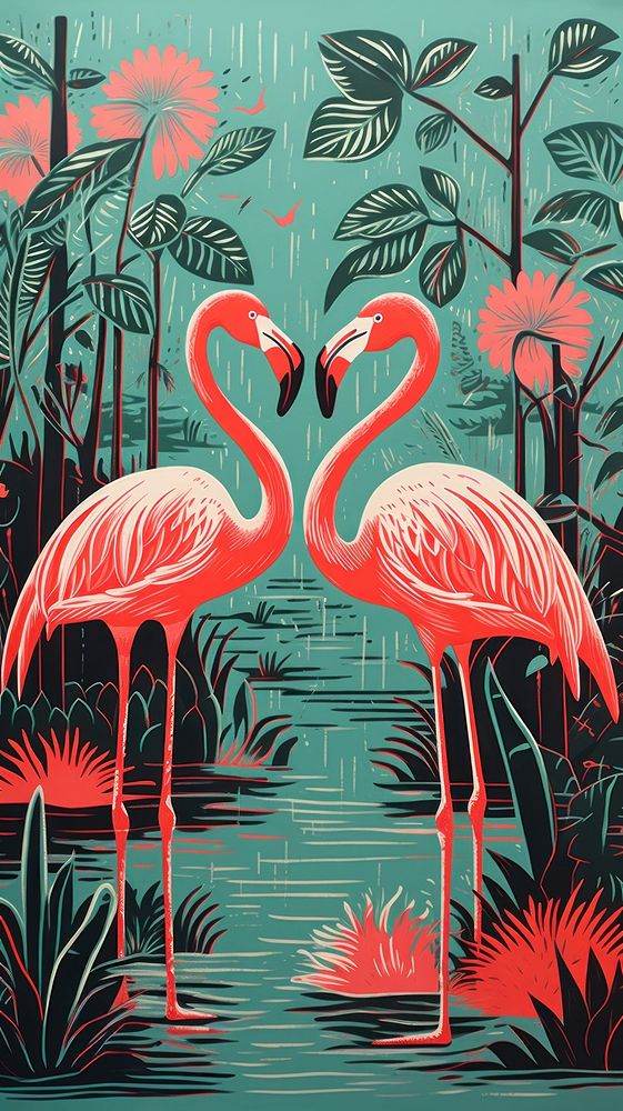 Tropical flamingoes nature bird art. AI generated Image by rawpixel.