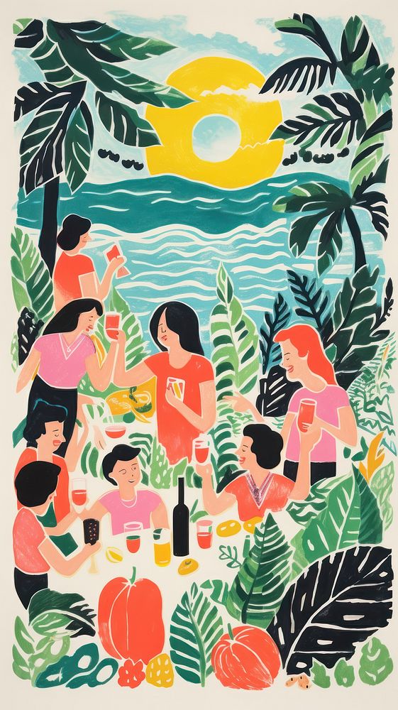 Tropical party happiness outdoors painting. 