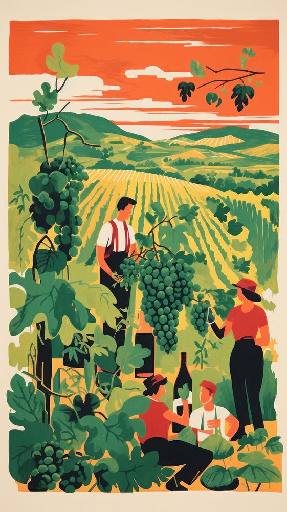 Woodblock print agriculture outdoors painting. AI generated Image by rawpixel.
