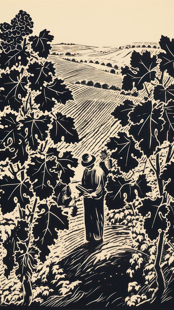 Woodblock print drawing nature outdoors. AI generated Image by rawpixel.