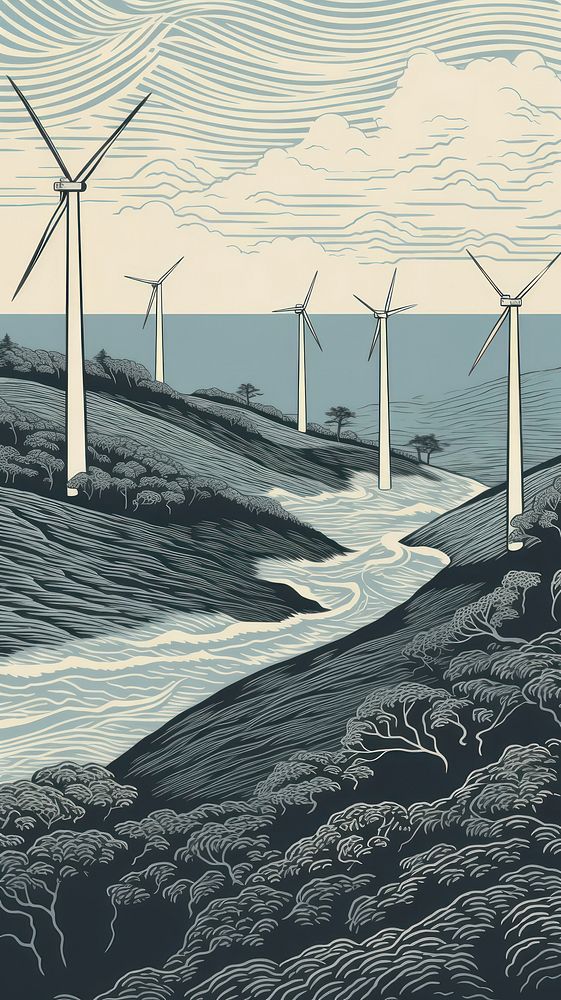 Wind farm wind turbines windmill outdoors drawing. AI generated Image by rawpixel.